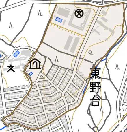 東野台とその周辺の地図。町の範囲を重ねている