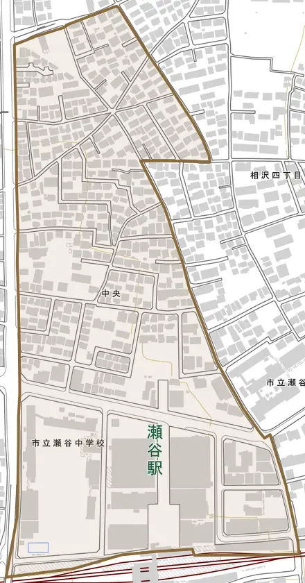 中央とその周辺の地図。町の範囲を重ねている