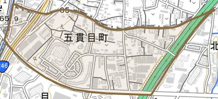 五貫目町とその周辺の地図。町の範囲を重ねている