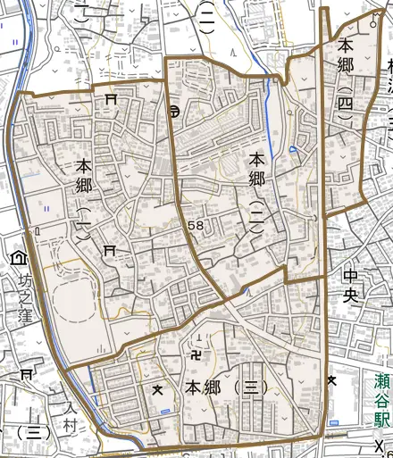 本郷とその周辺の地図。町の範囲を重ねている