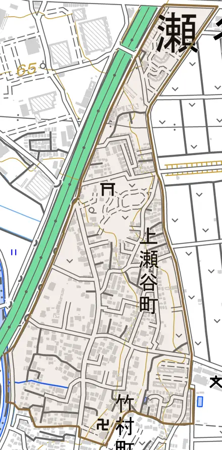 上瀬谷町とその周辺の地図。町の範囲を重ねている