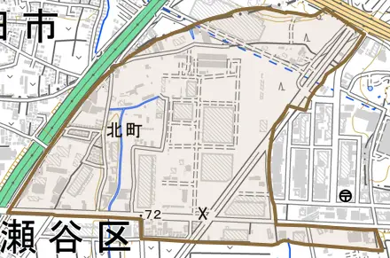 北町とその周辺の地図。町の範囲を重ねている