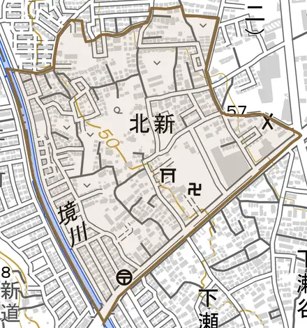 北新とその周辺の地図。町の範囲を重ねている