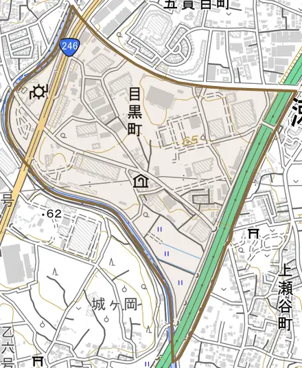 目黒町とその周辺の地図。町の範囲を重ねている