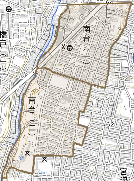 南台とその周辺の地図。町の範囲を重ねている