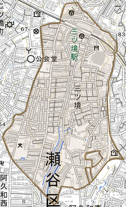 三ツ境とその周辺の地図。町の範囲を重ねている