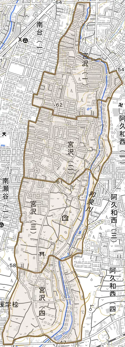 宮沢とその周辺の地図。町の範囲を重ねている