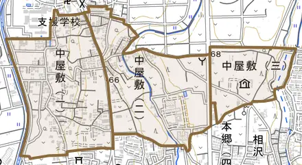 中屋敷とその周辺の地図。町の範囲を重ねている