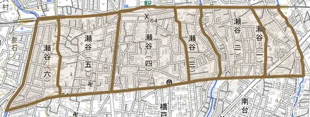 瀬谷とその周辺の地図。町の範囲を重ねている