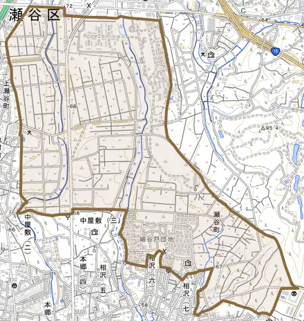 瀬谷町とその周辺の地図。町の範囲を重ねている