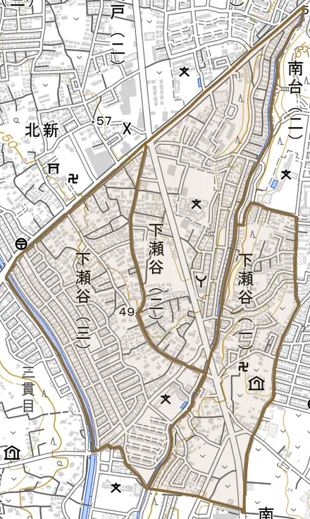 下瀬谷とその周辺の地図。町の範囲を重ねている