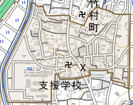 竹村町とその周辺の地図。町の範囲を重ねている