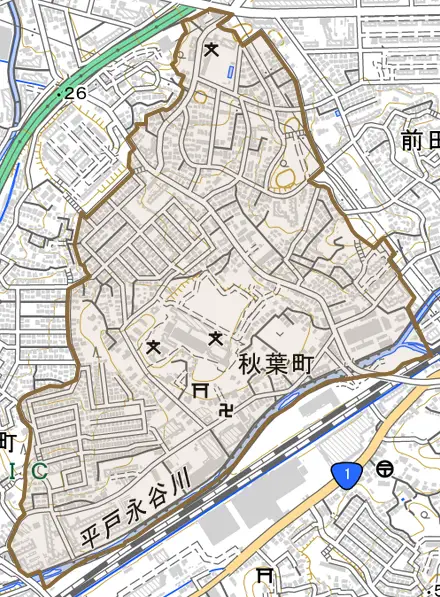秋葉町とその周辺の地図。町の範囲を重ねている