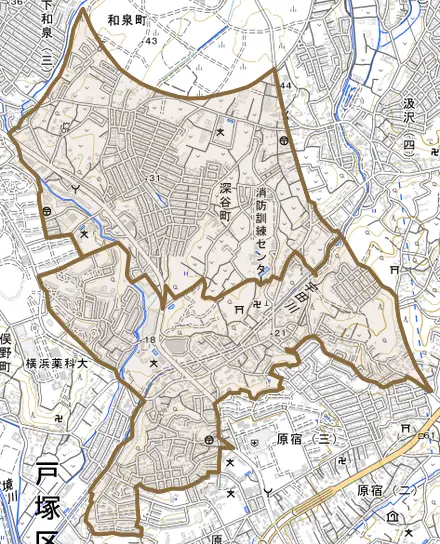 深谷町とその周辺の地図。町の範囲を重ねている
