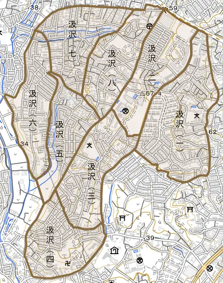 汲沢とその周辺の地図。町の範囲を重ねている