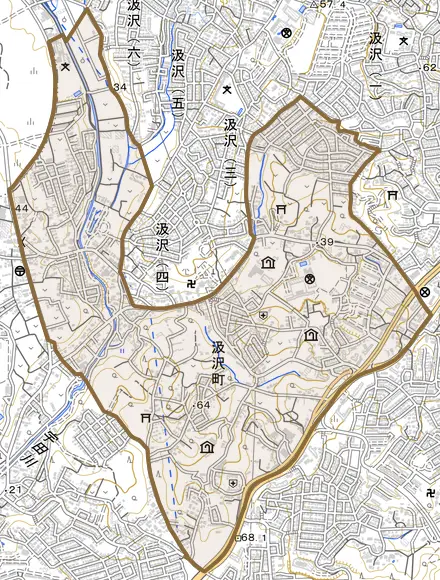 汲沢町とその周辺の地図。町の範囲を重ねている