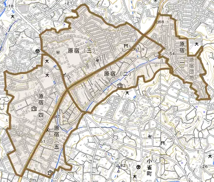 原宿とその周辺の地図。町の範囲を重ねている