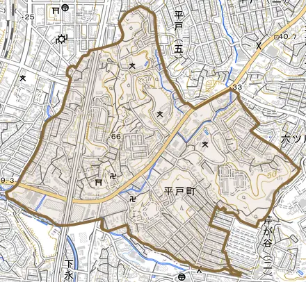 平戸町とその周辺の地図。町の範囲を重ねている