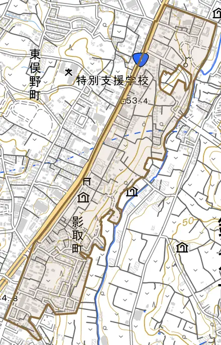 影取町とその周辺の地図。町の範囲を重ねている