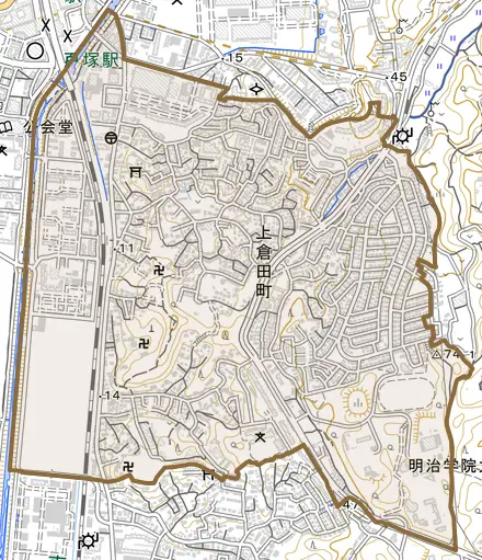 上倉田町とその周辺の地図。町の範囲を重ねている