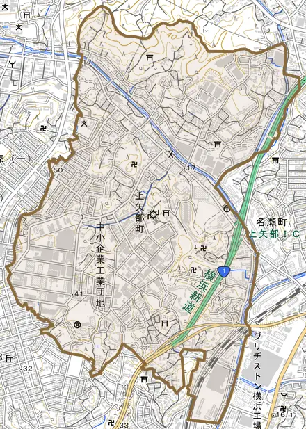 上矢部町とその周辺の地図。町の範囲を重ねている