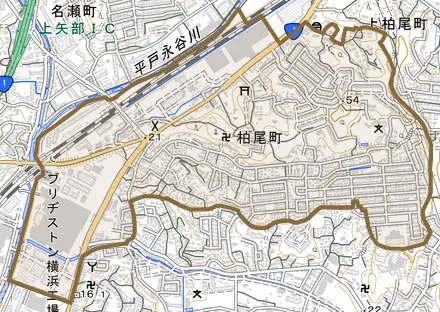 柏尾町とその周辺の地図。町の範囲を重ねている