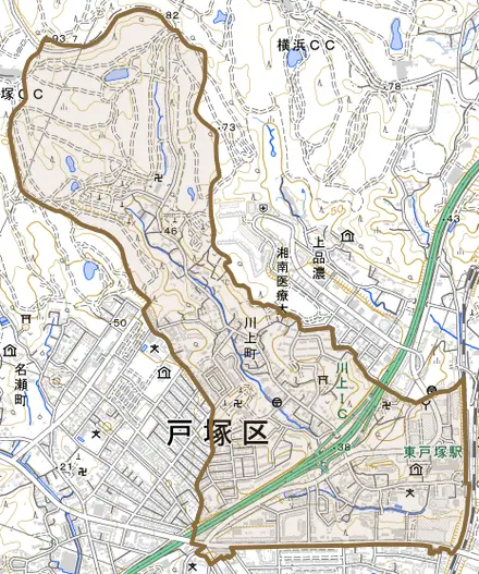 川上町とその周辺の地図。町の範囲を重ねている