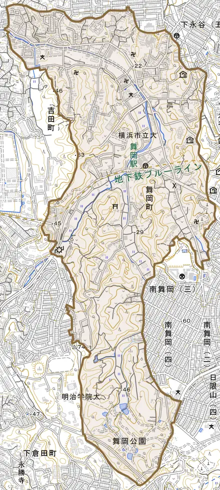 舞岡町とその周辺の地図。町の範囲を重ねている