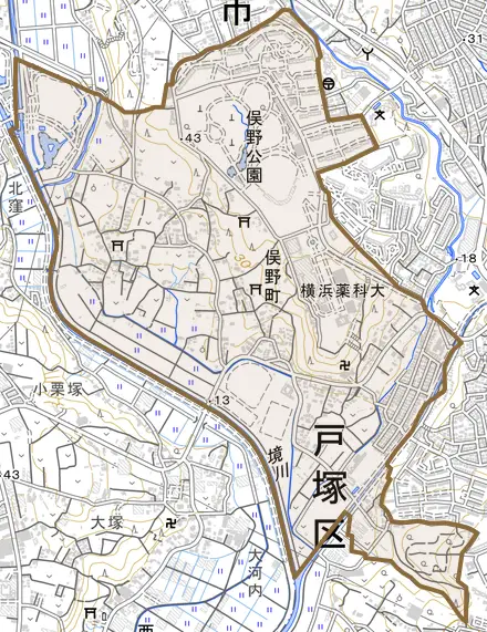 俣野町とその周辺の地図。町の範囲を重ねている