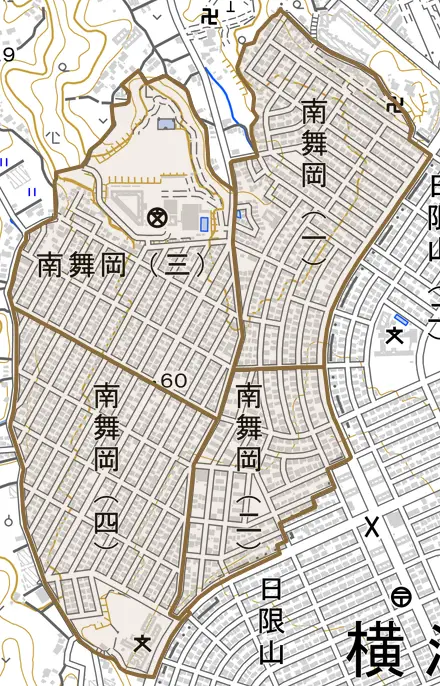 南舞岡とその周辺の地図。町の範囲を重ねている