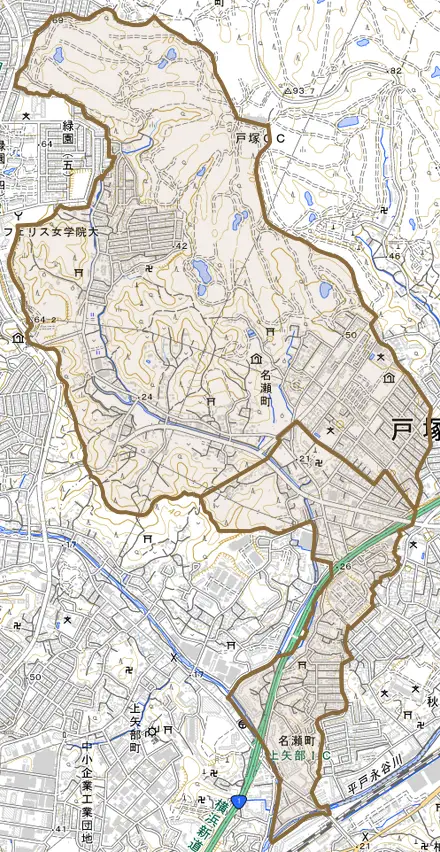 名瀬町とその周辺の地図。町の範囲を重ねている