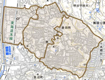 下倉田町とその周辺の地図。町の範囲を重ねている