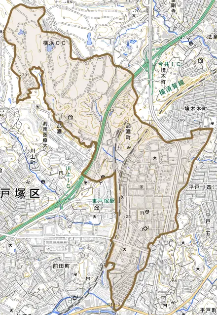 品濃町とその周辺の地図。町の範囲を重ねている