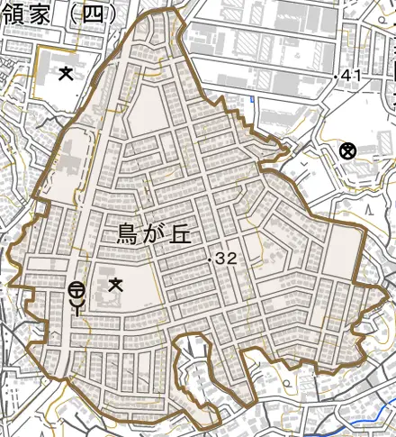 鳥が丘とその周辺の地図。町の範囲を重ねている