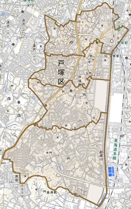 戸塚町とその周辺の地図。町の範囲を重ねている