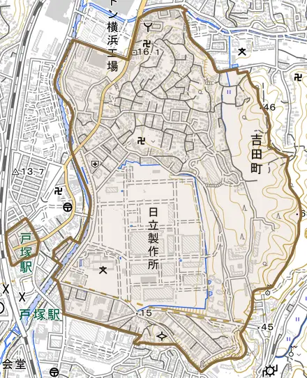 吉田町とその周辺の地図。町の範囲を重ねている