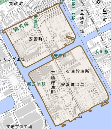 安善町とその周辺の地図。町の範囲を重ねている