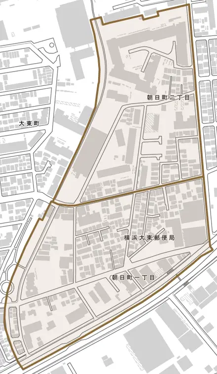 朝日町とその周辺の地図。町の範囲を重ねている