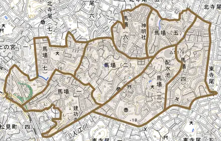 馬場とその周辺の地図。町の範囲を重ねている