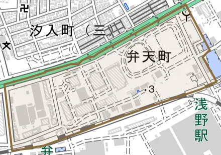 弁天町とその周辺の地図。町の範囲を重ねている