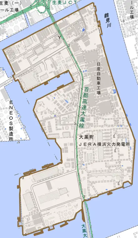 大黒町とその周辺の地図。町の範囲を重ねている