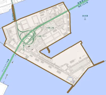大黒ふ頭とその周辺の地図。町の範囲を重ねている