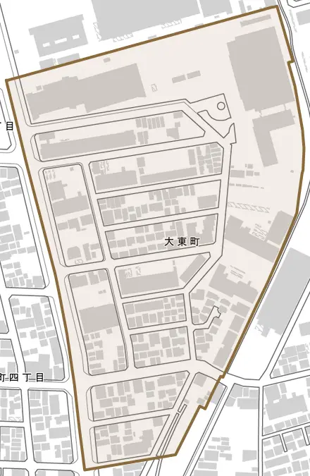 大東町とその周辺の地図。町の範囲を重ねている