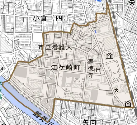 江ケ崎町とその周辺の地図。町の範囲を重ねている