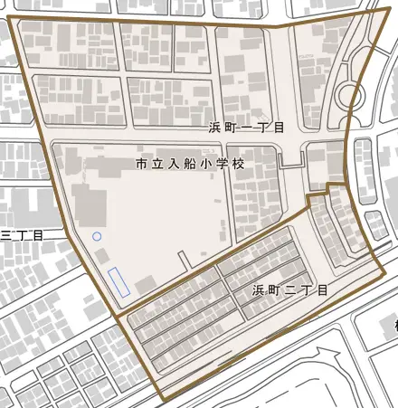 浜町とその周辺の地図。町の範囲を重ねている