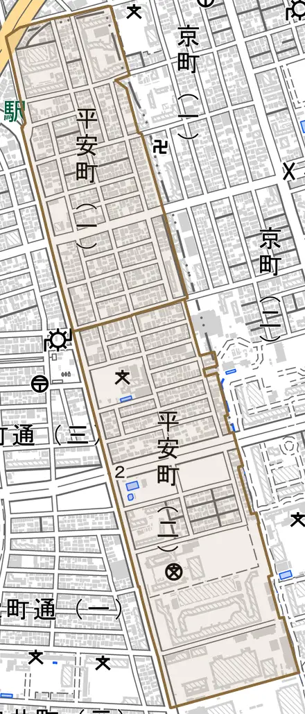 平安町とその周辺の地図。町の範囲を重ねている