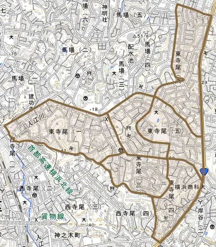 東寺尾とその周辺の地図。町の範囲を重ねている
