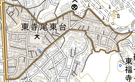 東寺尾東台とその周辺の地図。町の範囲を重ねている