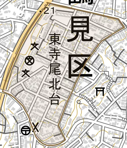 東寺尾北台とその周辺の地図。町の範囲を重ねている