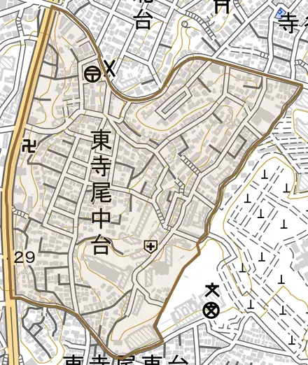 東寺尾中台とその周辺の地図。町の範囲を重ねている